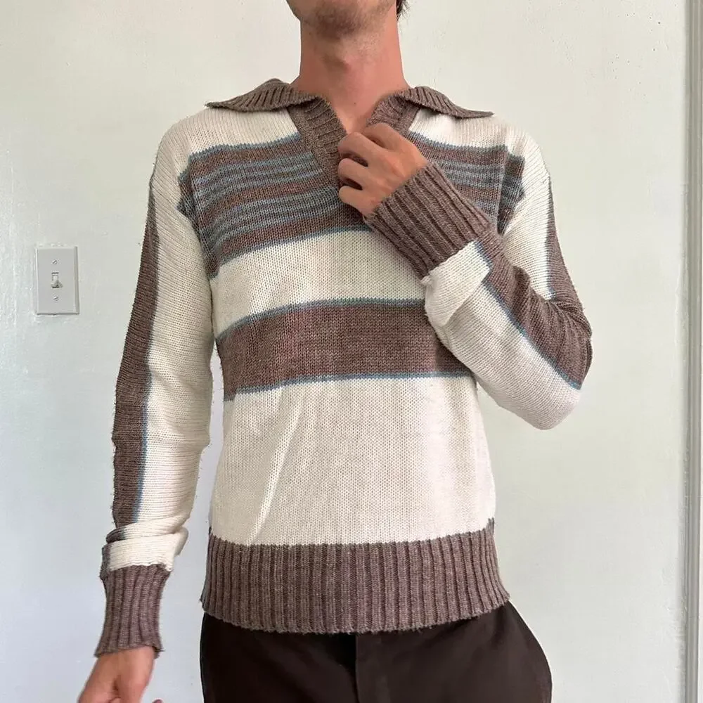 Vintage 70s Striped Collar Rugby Preppy Knit Sweater Longsleeve Pullover - Picture 3 of 7